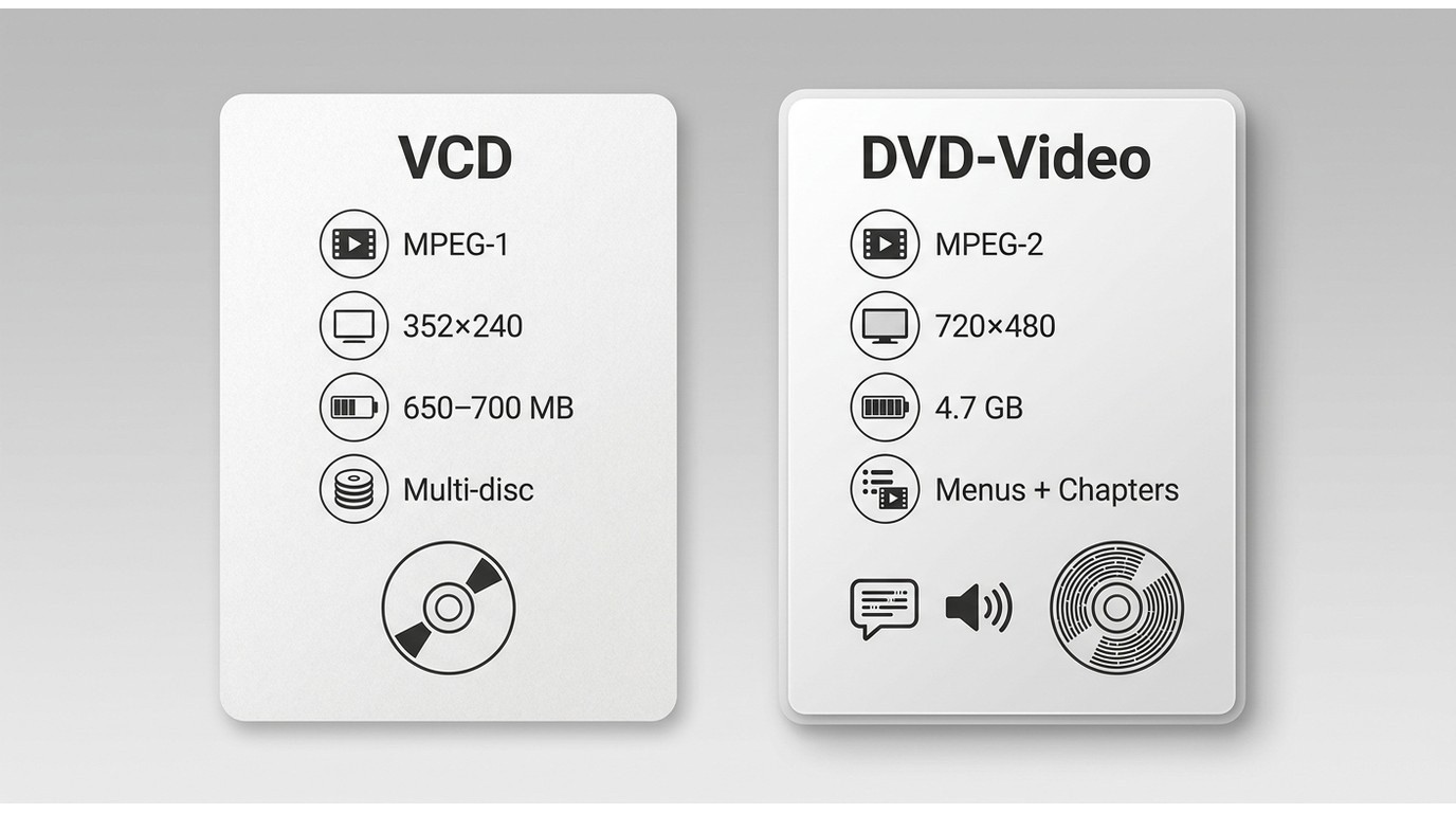 VCD and DVD-Video compared by resolution, capacity, compression, and navigation features