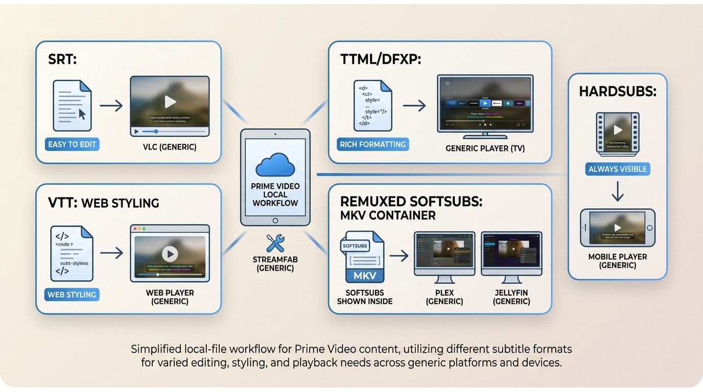 Prime Video subtitle formats compared for editing, VLC playback, Plex, and Jellyfin