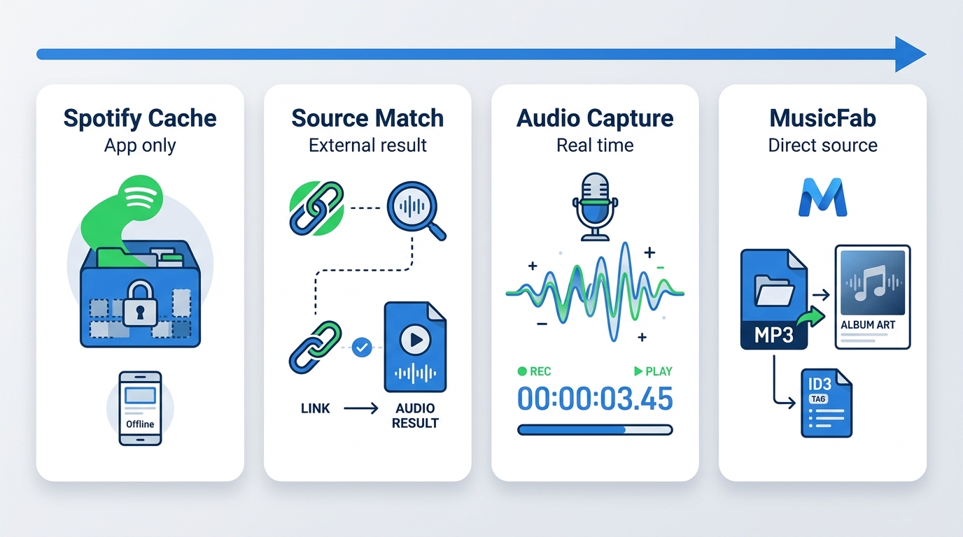 How Spotify cache, source matching, audio capture, and MusicFab direct-source output differ