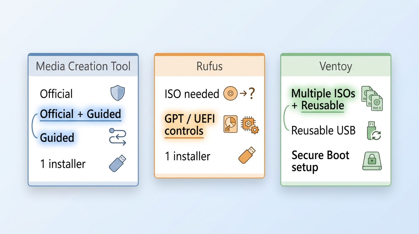Comparison of Media Creation Tool, Rufus, and Ventoy for Windows bootable USB tasks