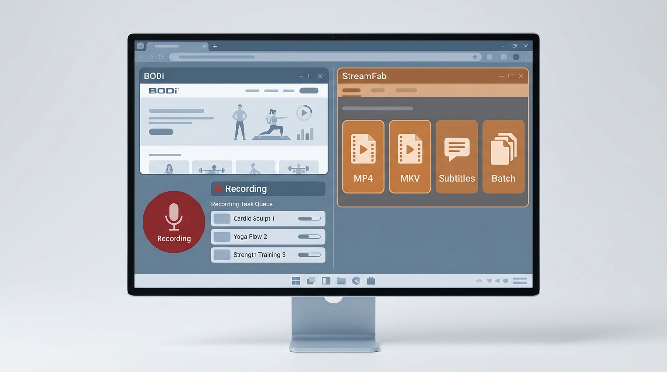 StreamFab BODi recording task with MP4, MKV, subtitle, and batch options