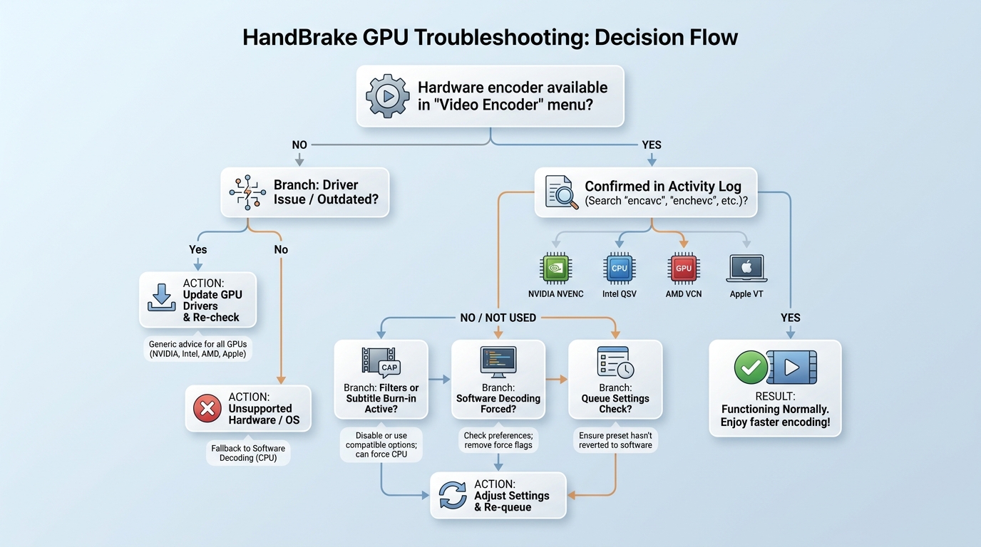 HandBrake GPU troubleshooting path covering encoders, drivers, filters, decoding, and queues