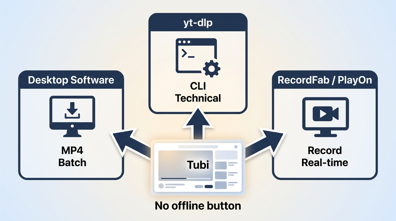 Tubi has no standard offline download; desktop, yt-dlp, and recorder workflows are alternatives.