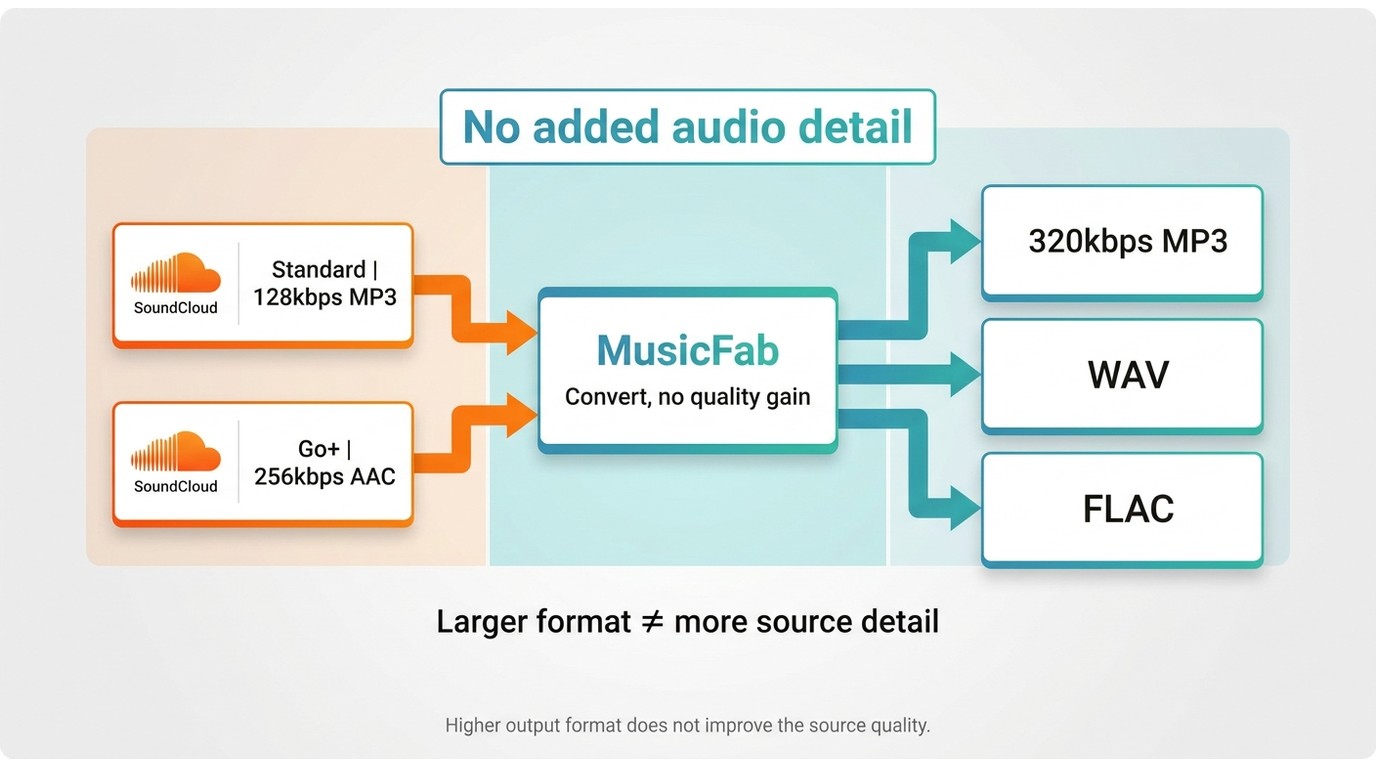 SoundCloud 128kbps MP3 and Go+ 256kbps AAC sources converted without gaining audio detail