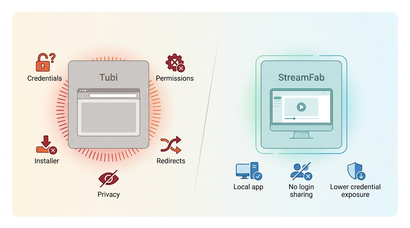 Safety checks for Tubi online parsers, including credentials, permissions, redirects, and privacy.
