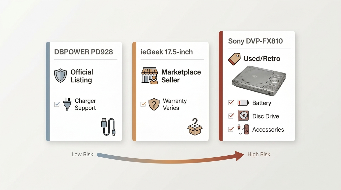 Support and ownership risks for DBPOWER, ieGeek, and used Sony portable DVD players