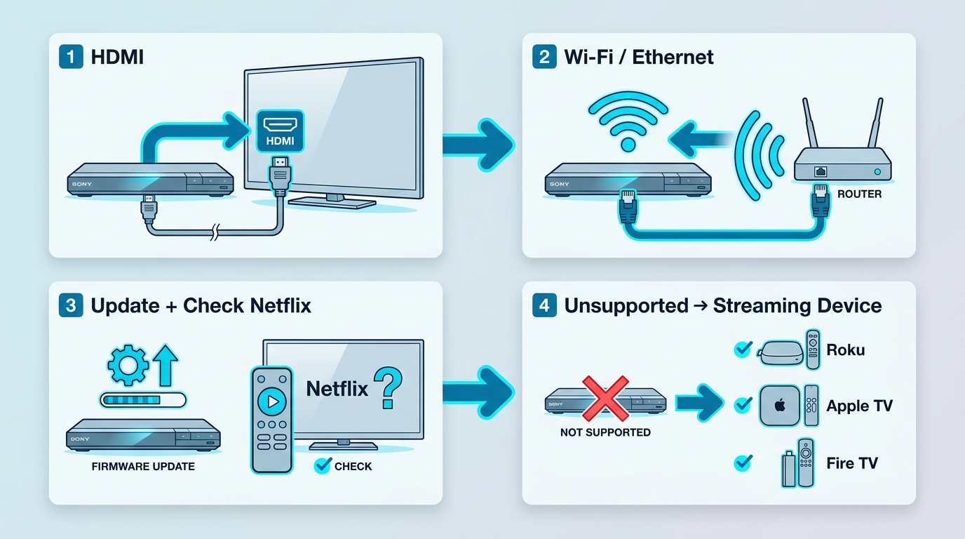 How to connect a Sony disc player, verify Netflix, and use Roku if the app is unsupported