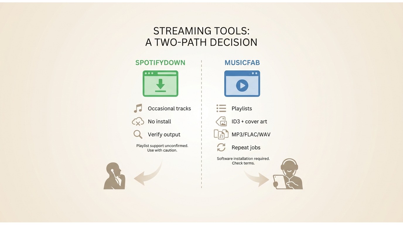 MusicFab and SpotifyDown compared for playlists, metadata, setup, and repeat use