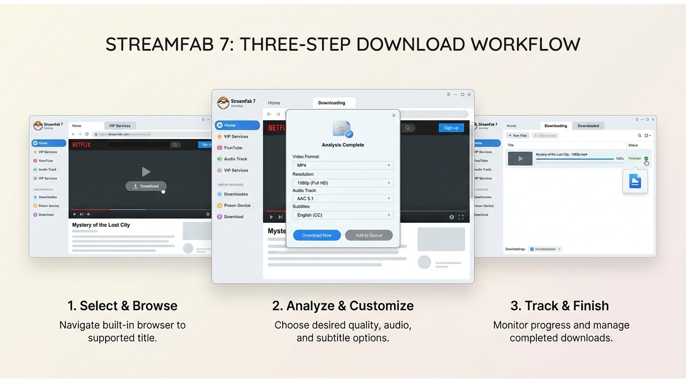 StreamFab 7 workflow from VIP Services and output selection to the download queue