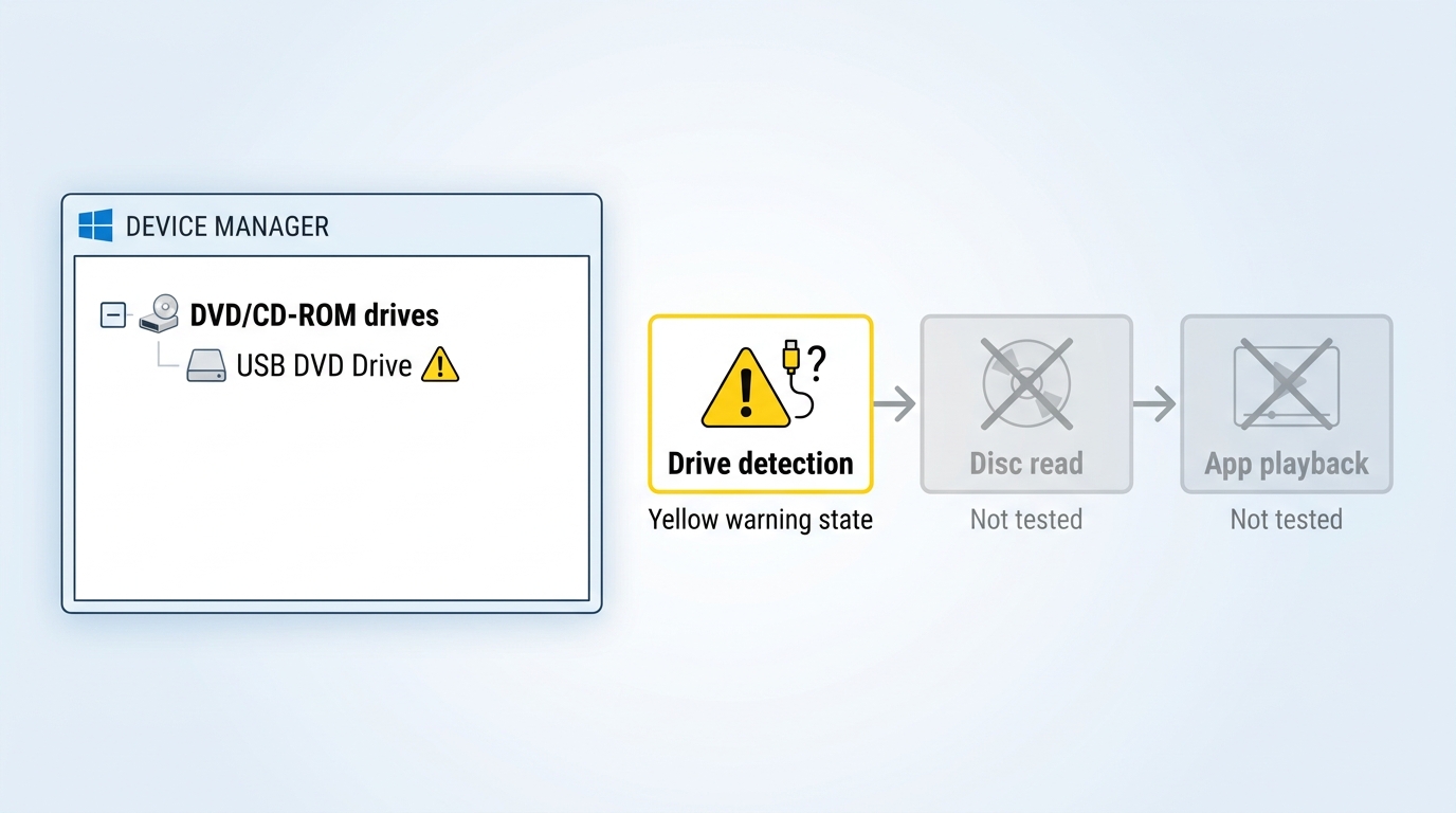 Windows Device Manager checks for a missing USB DVD drive before testing playback