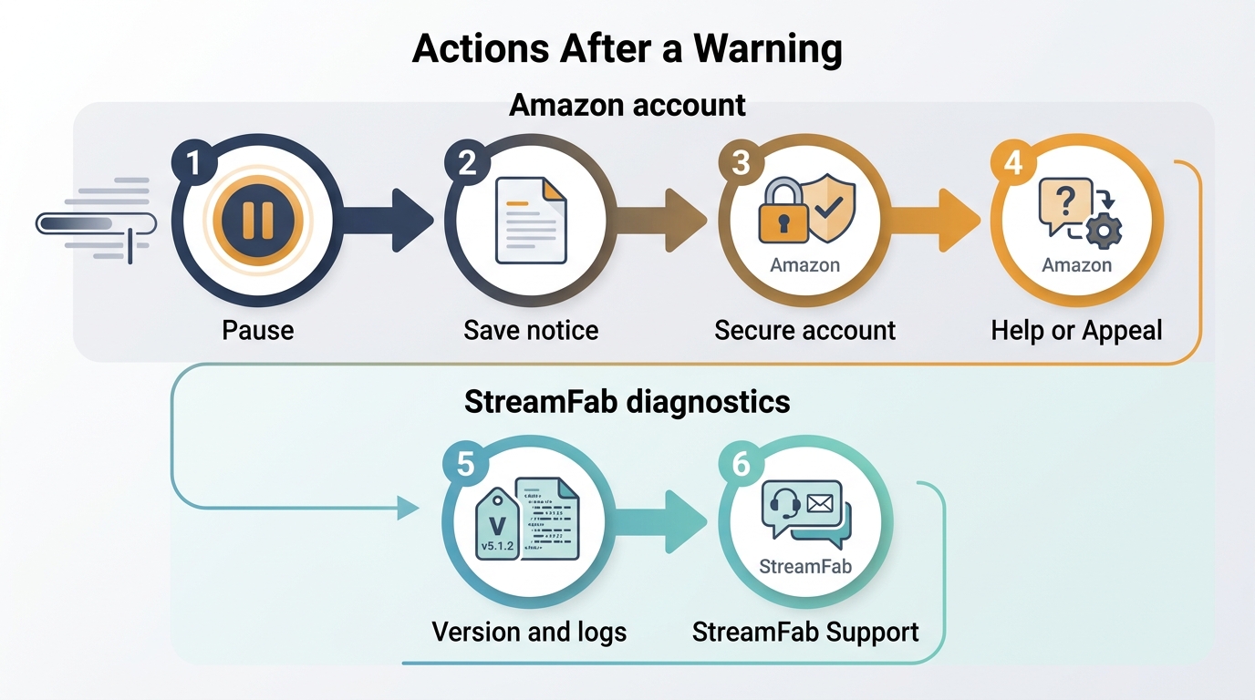 How to respond to an Amazon warning and separately collect StreamFab diagnostic evidence