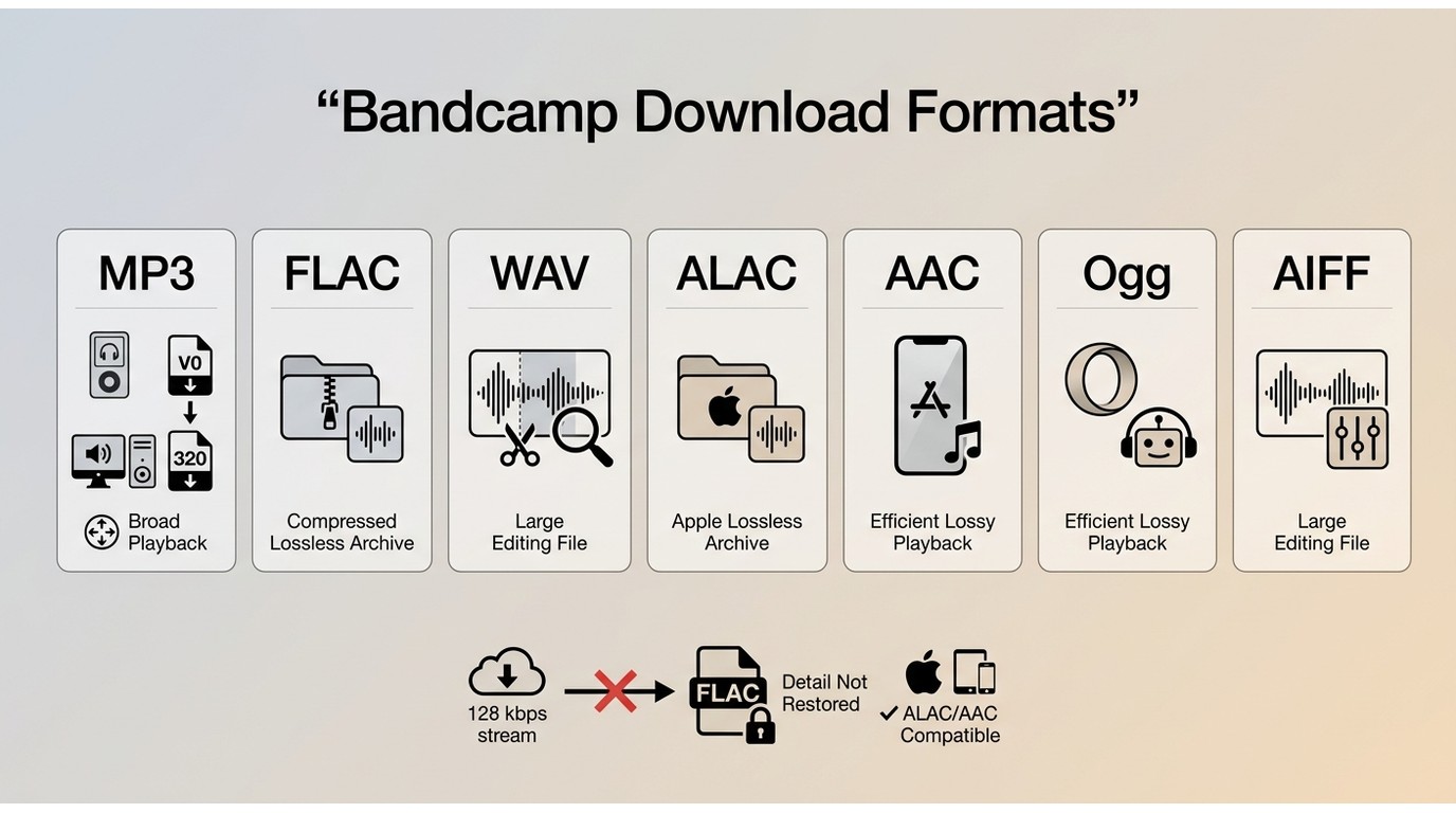 Bandcamp MP3, FLAC, WAV, ALAC, AAC, Ogg, and AIFF format differences