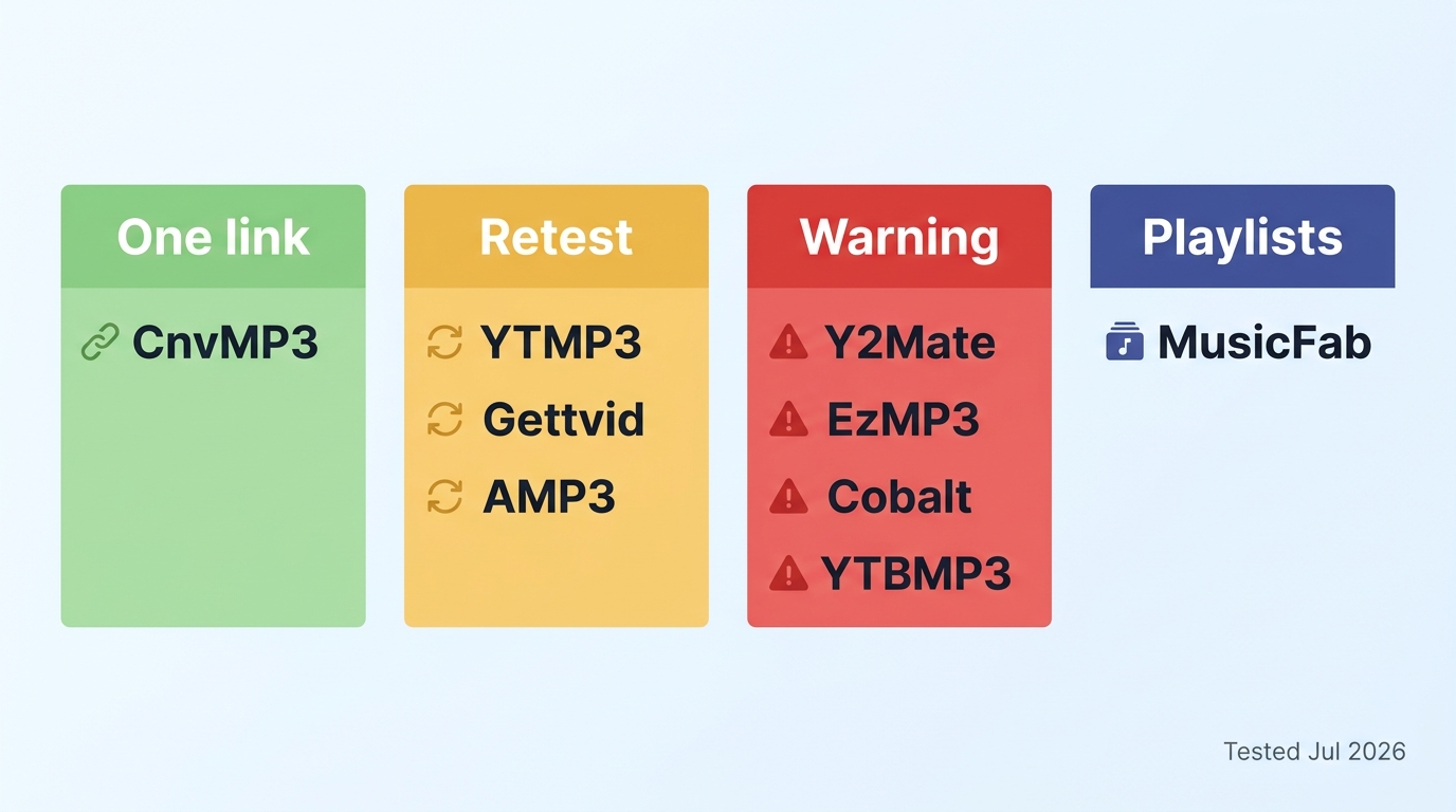 July 2026 status of eight online converters and MusicFab for one-off or playlist use