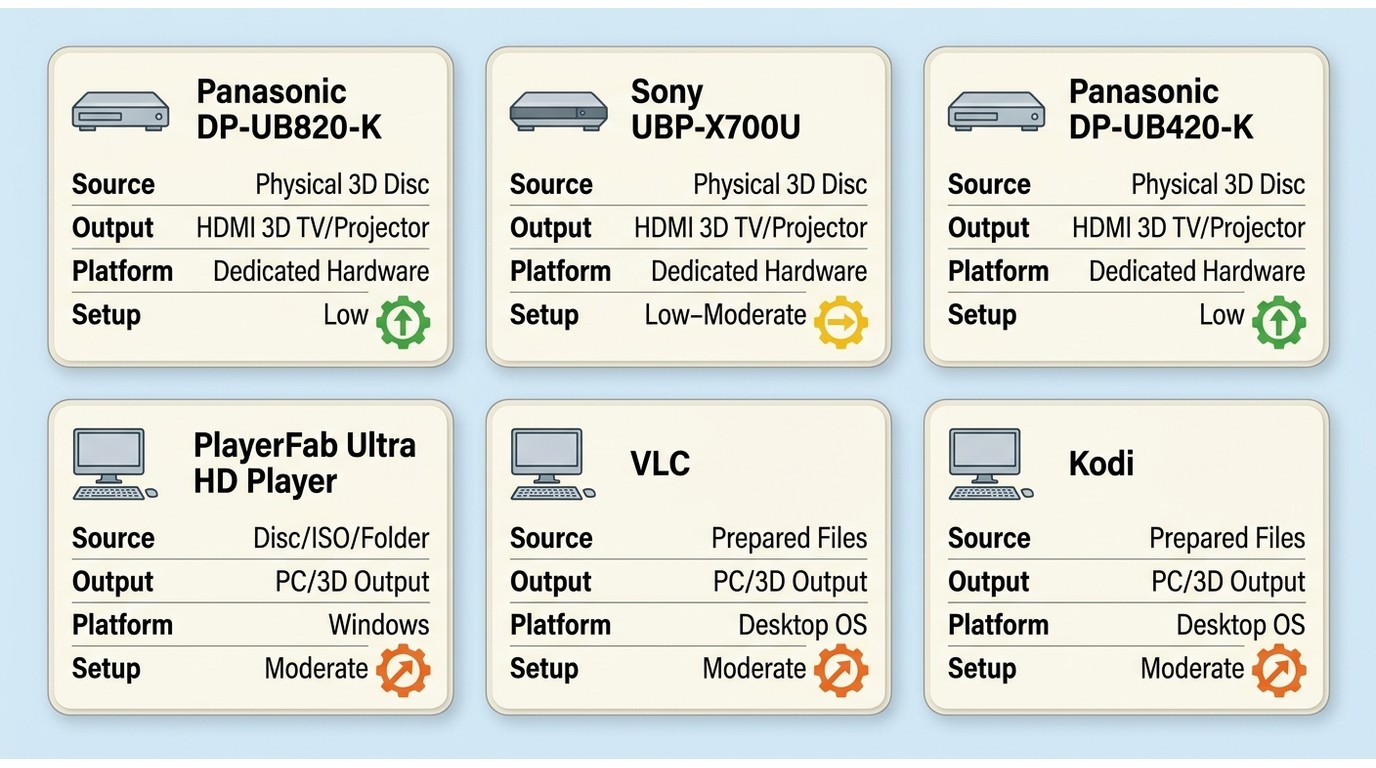 Six 3D Blu-ray players compared by source, output, platform, and setup difficulty