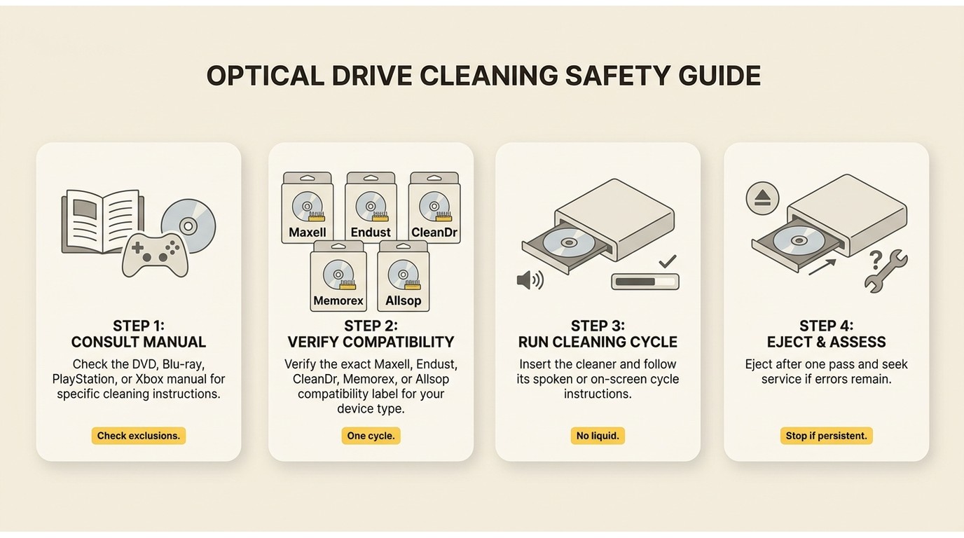 Safe lens-cleaner use from compatibility check to one cycle and service