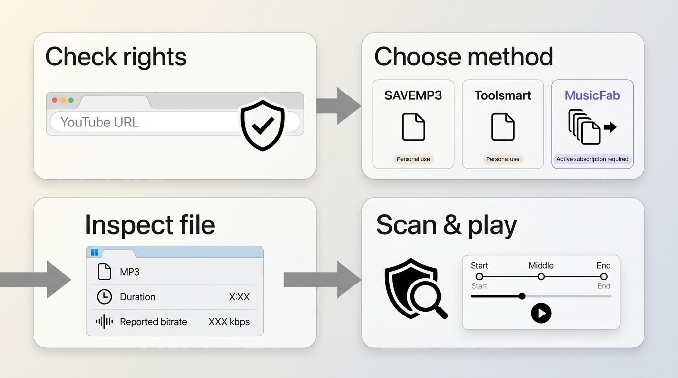 How to verify rights, choose a YouTube ripping method, inspect the file, and test playback