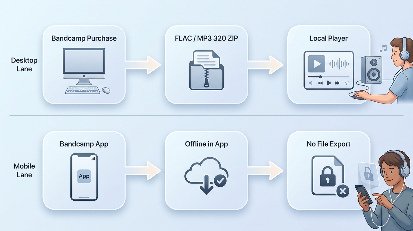 Bandcamp desktop file downloads compared with app-managed mobile offline listening