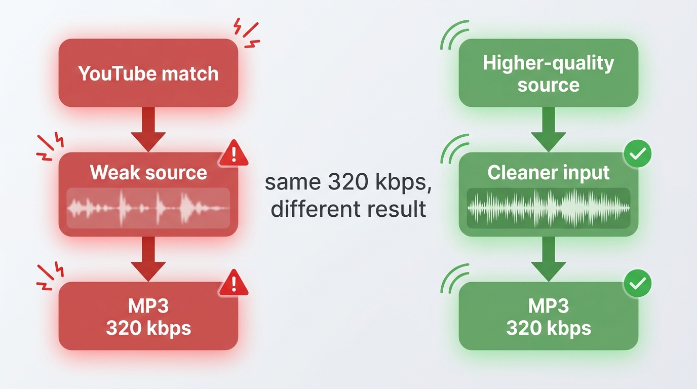 Comparison of source quality and MP3 bitrate showing why 320 kbps labels can still come from weak Sp
