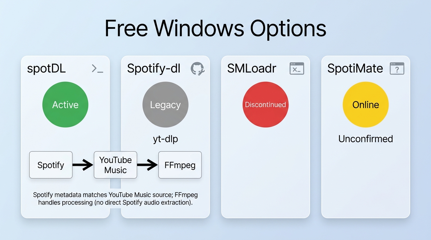 spotDL, Spotify-dl, SMLoadr, and SpotiMate compared by source method and maintenance status