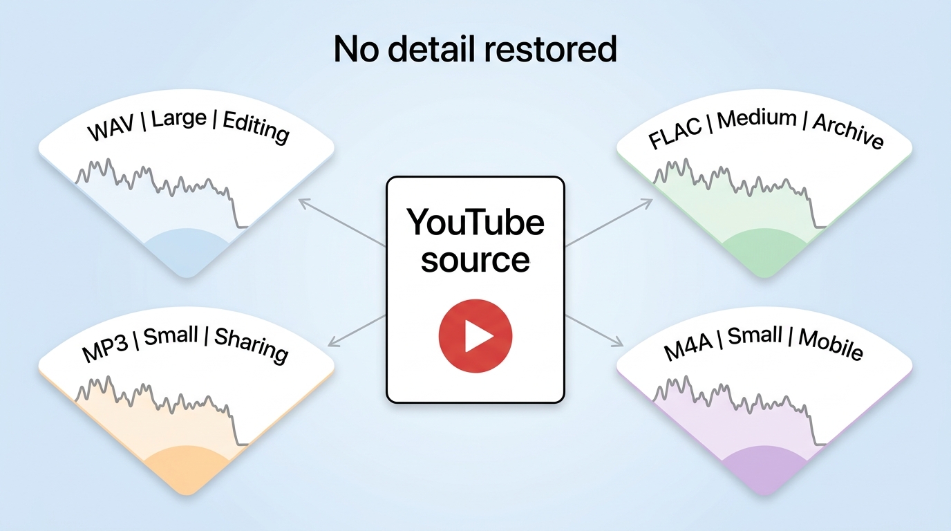 YouTube audio converted to WAV, MP3, FLAC, or M4A without restoring missing detail