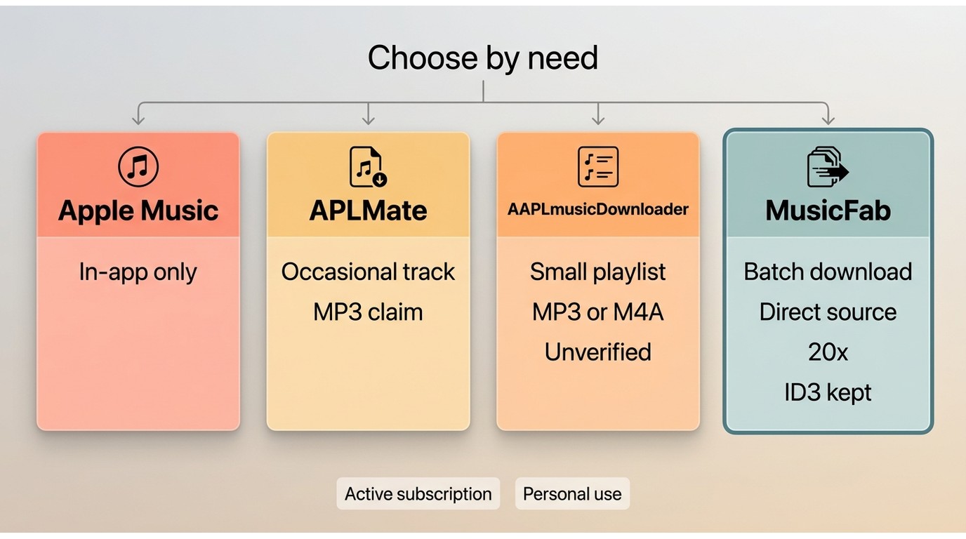 Apple Music, APLMate, AAPLmusicDownloader, and MusicFab matched to different download needs