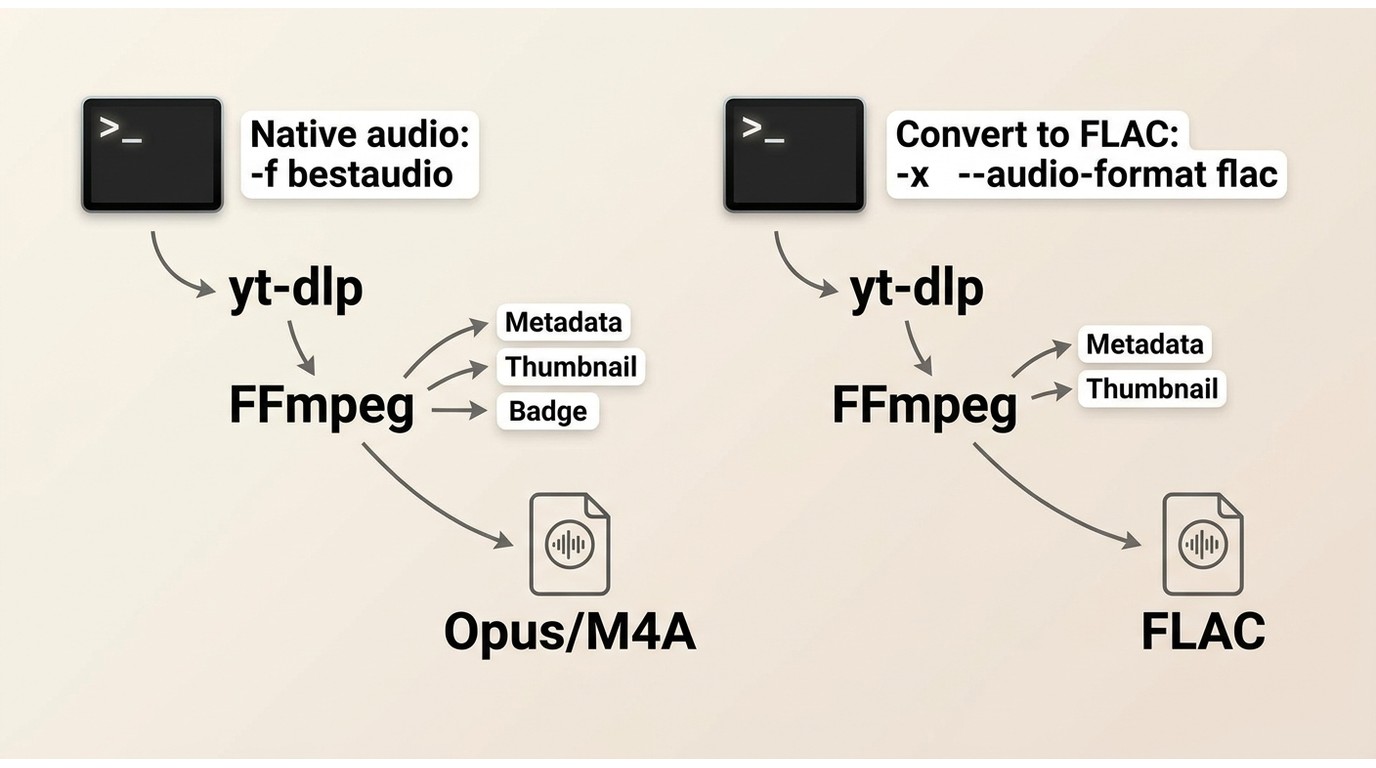 Comparison of yt-dlp saving native YouTube audio versus converting it to FLAC