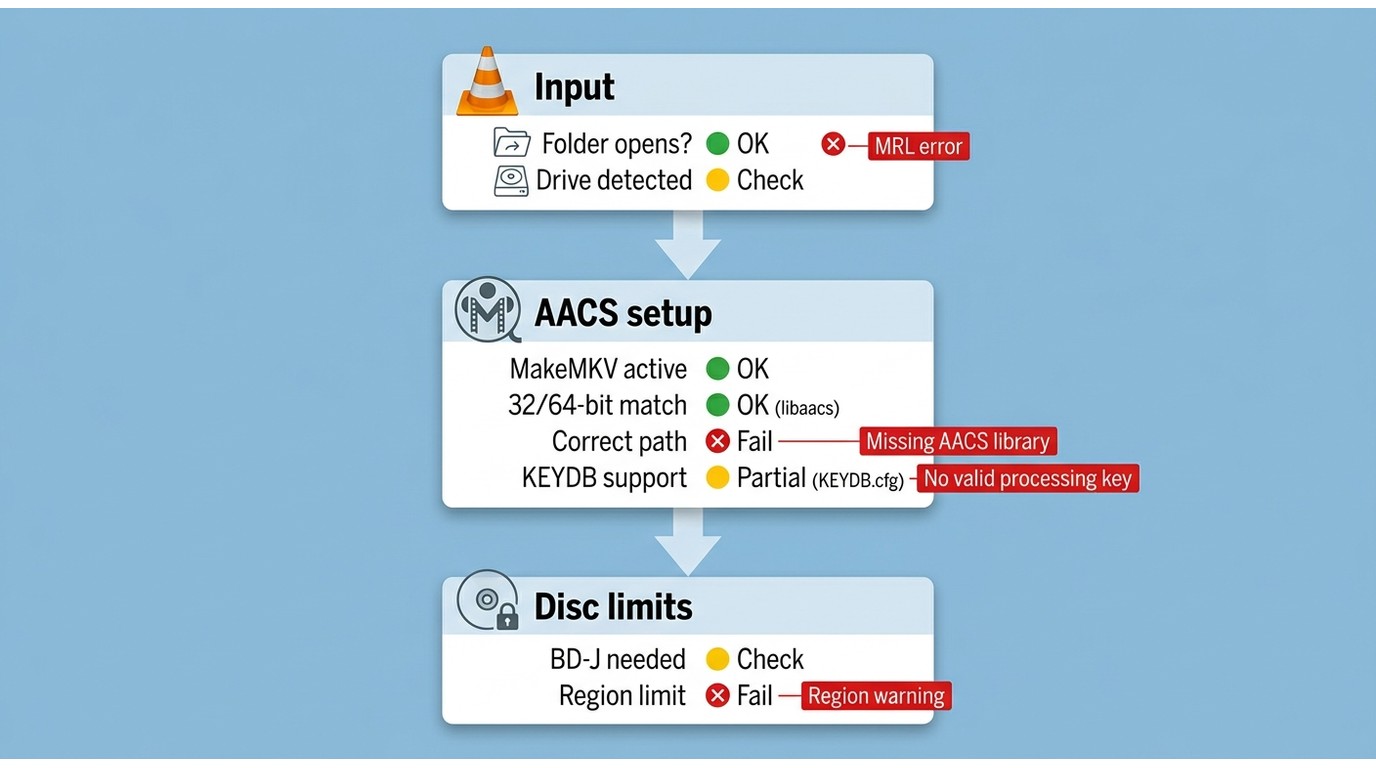 VLC Blu-ray error flow for MRL, AACS library, processing key, and region problems