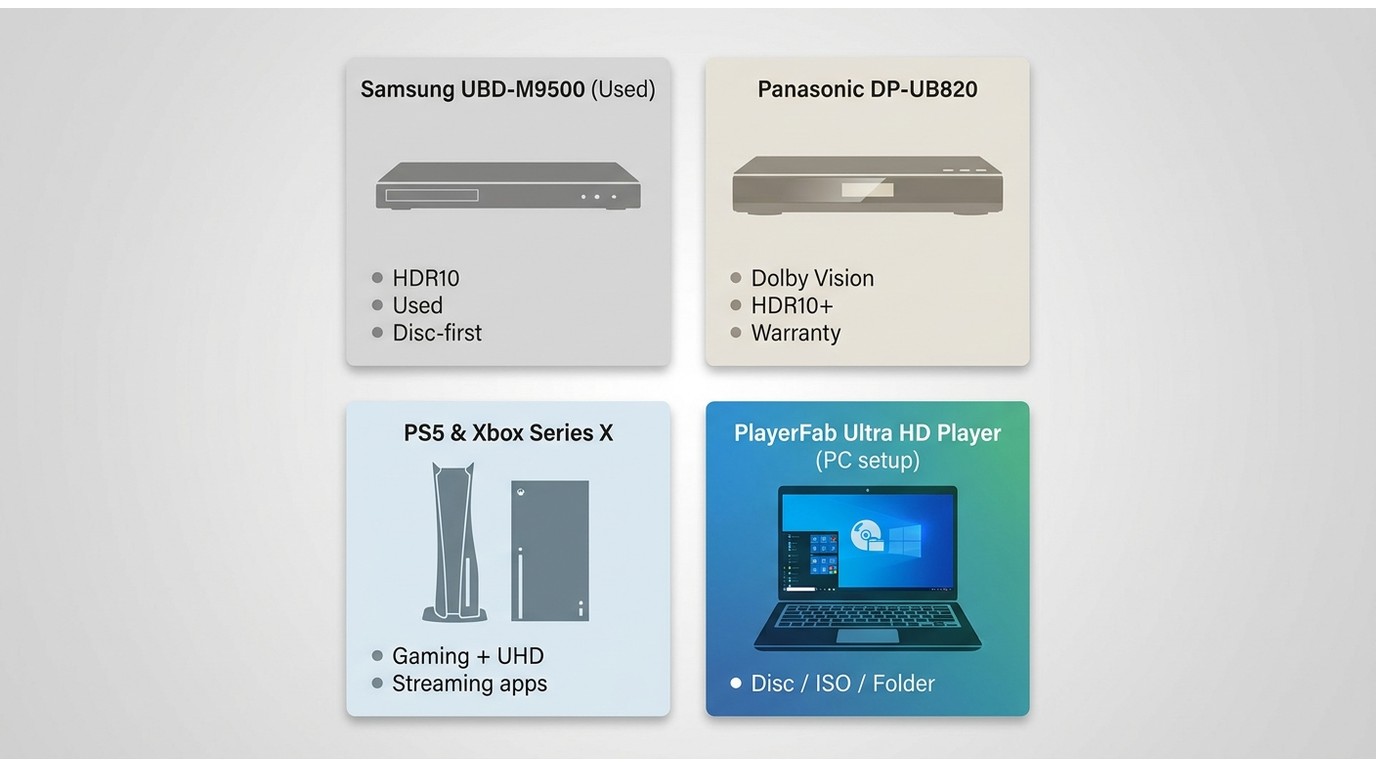 Comparison of Samsung, Panasonic DP-UB820, PS5, Xbox Series X, and PlayerFab options