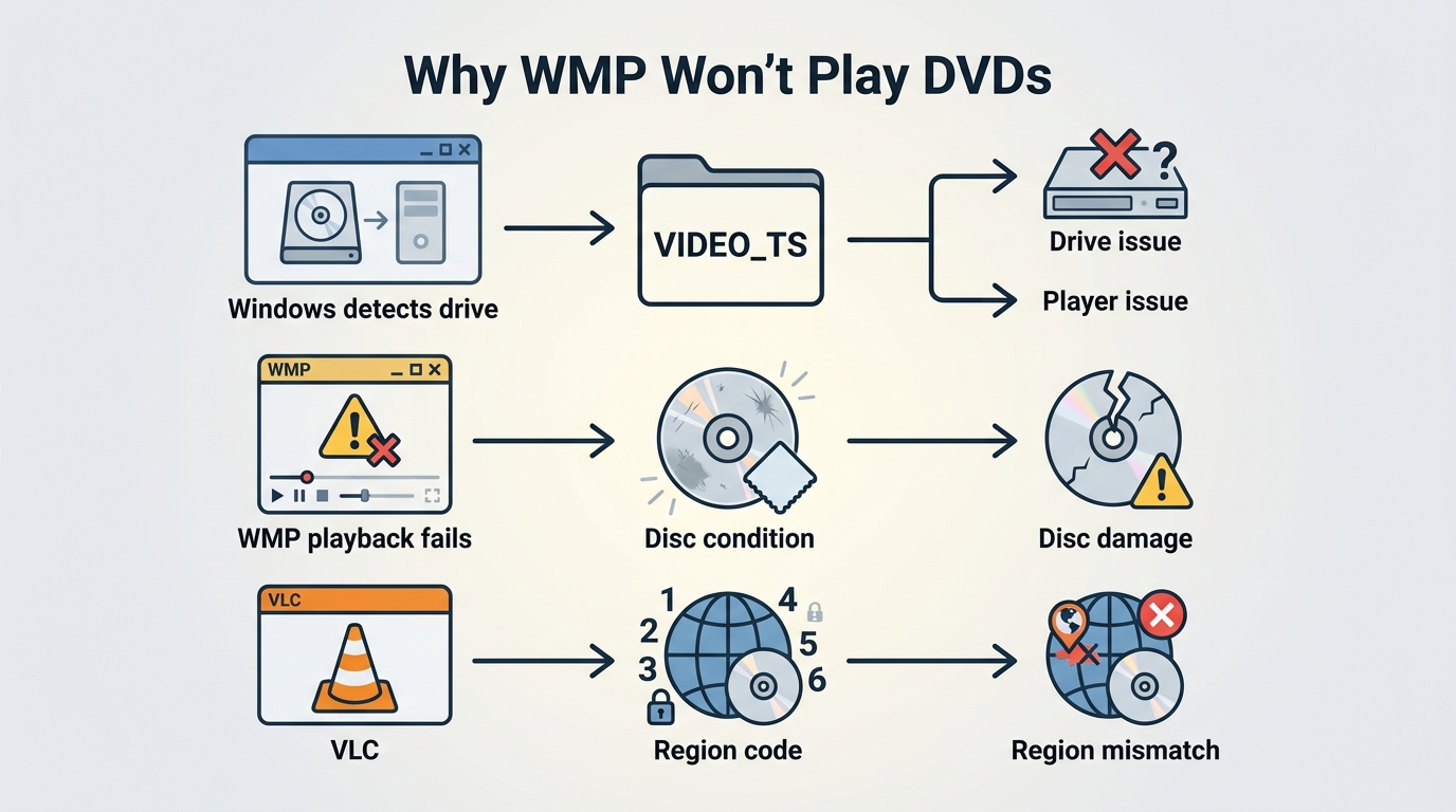 DVD troubleshooting order using Windows, WMP, VLC, disc condition, and region checks