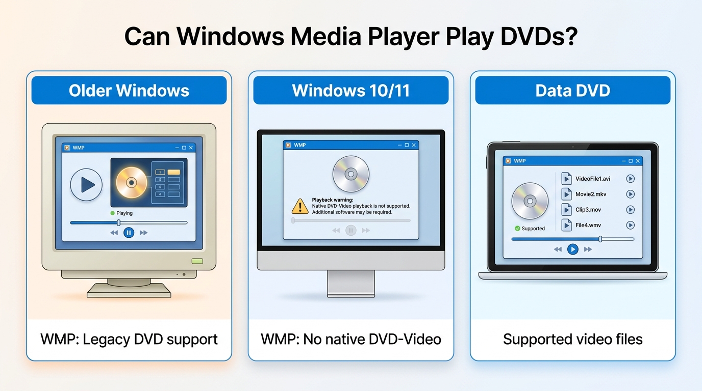 WMP support for legacy DVD playback, modern Windows, and video files on data DVDs