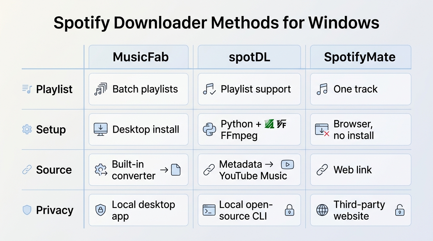 Spotify download methods compared by playlist support, setup effort, source matching, and privacy
