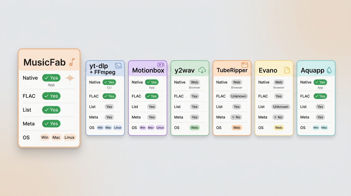 Comparison of MusicFab, yt-dlp, and browser YouTube to FLAC options by workflow and status