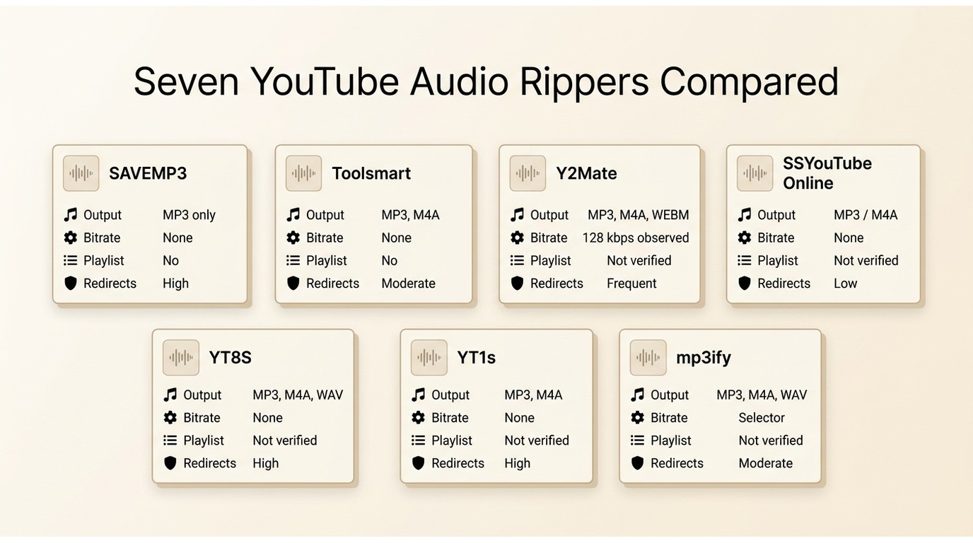 Seven YouTube audio rippers compared by formats, bitrate control, playlists, and redirect risk
