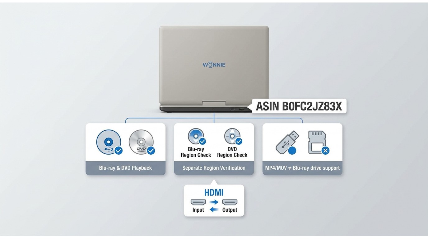 WONNIE disc, region, USB/SD, and HDMI checks that must be verified separately