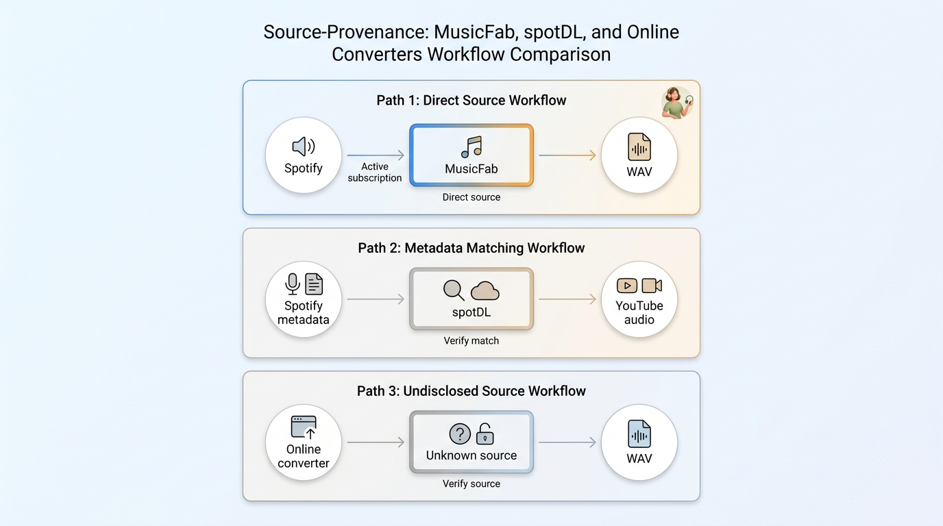 Spotify direct audio, spotDL YouTube matching, and undisclosed converter sources compared