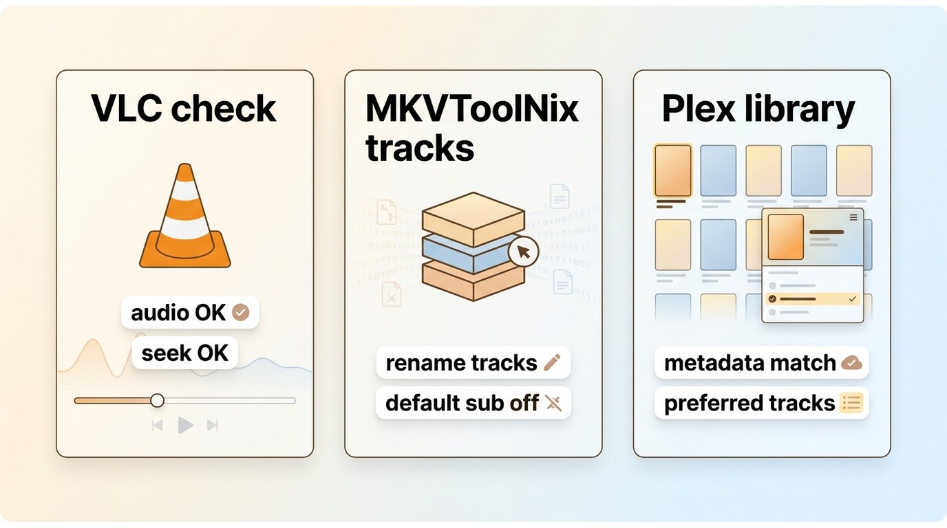 Workflow for testing an MKV in VLC, editing tracks in MKVToolNix, and checking Plex metadata