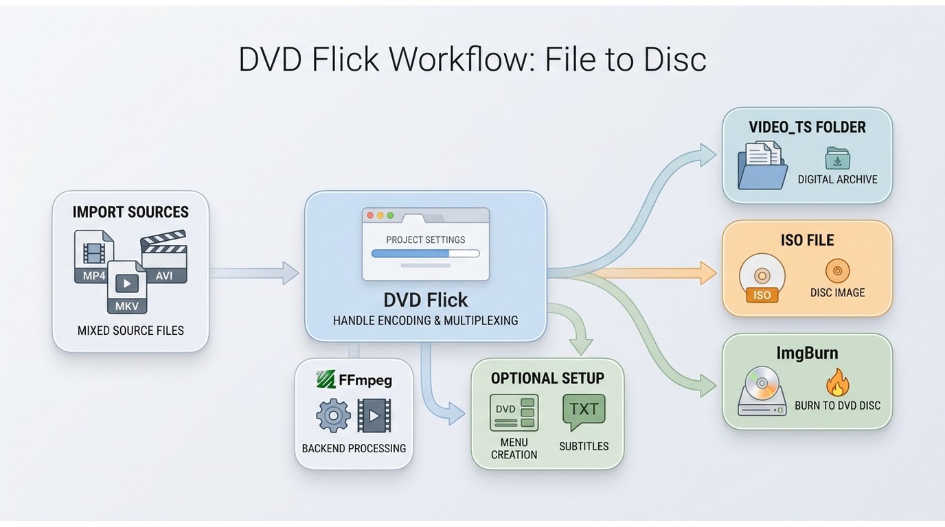 How DVD Flick turns MP4, AVI, and MKV files into VIDEO_TS, ISO, or a burned DVD with ImgBurn