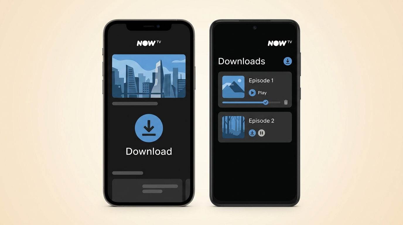 NOW TV app screens with a title download button and saved episodes in Downloads