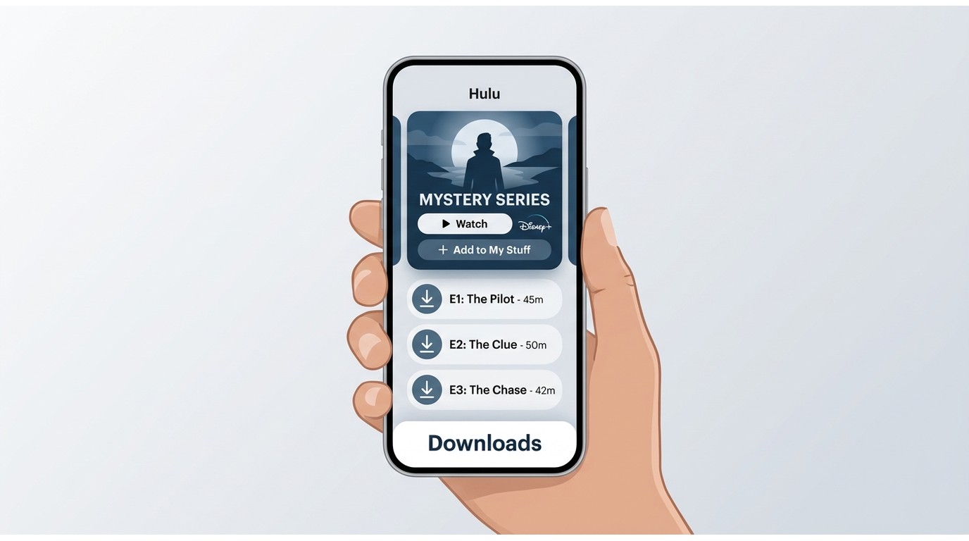 Hulu app screen with episode download buttons and the Downloads area for offline viewing.