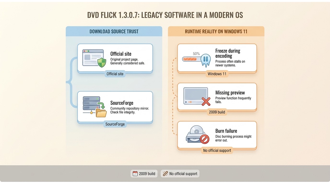 Comparison of DVD Flick download safety sources versus Windows 11 compatibility limits