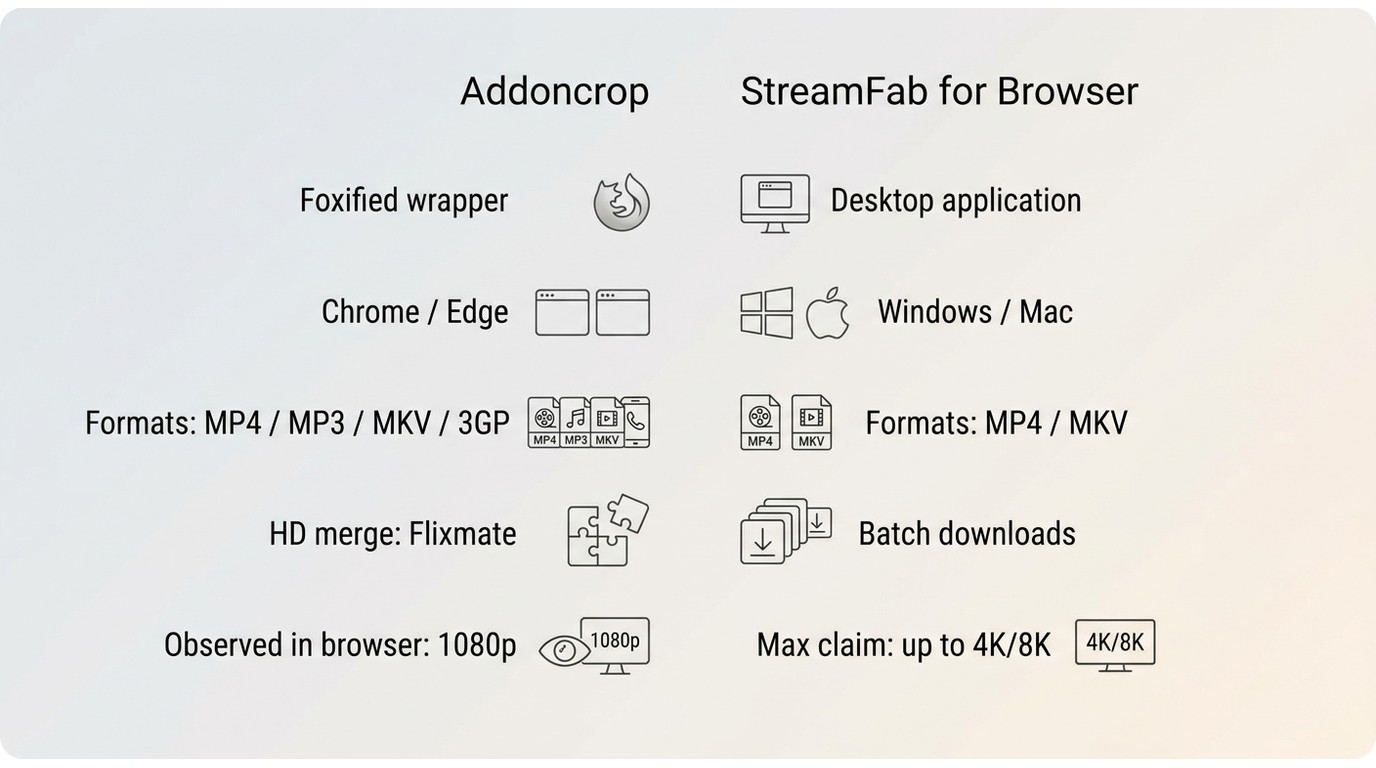 Addoncrop 与 StreamFab for Browser 的安装方式和功能对比