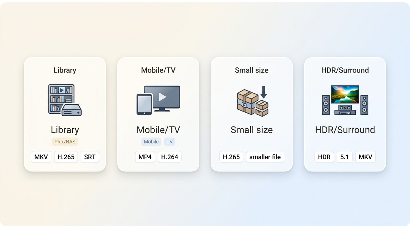 Guide to choosing MKV, codecs, HDR, audio, and subtitle settings for different playback goals