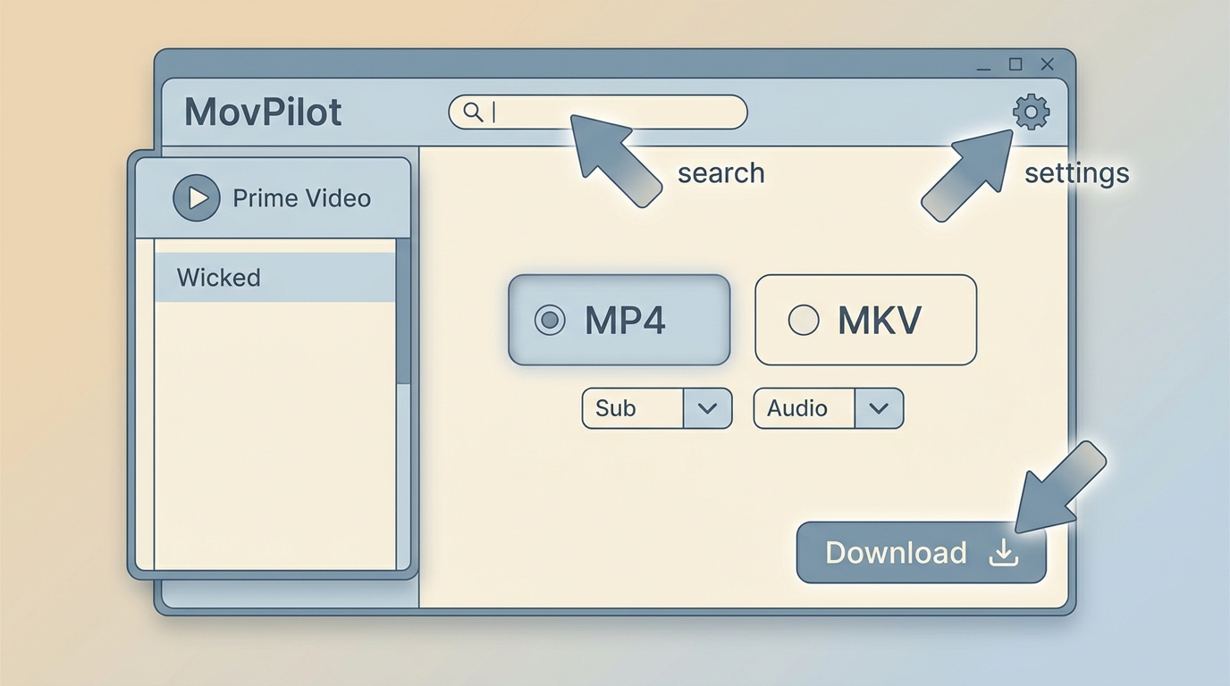 MovPilot Amazon Downloader window with a Prime Video title, output settings, and download start cont