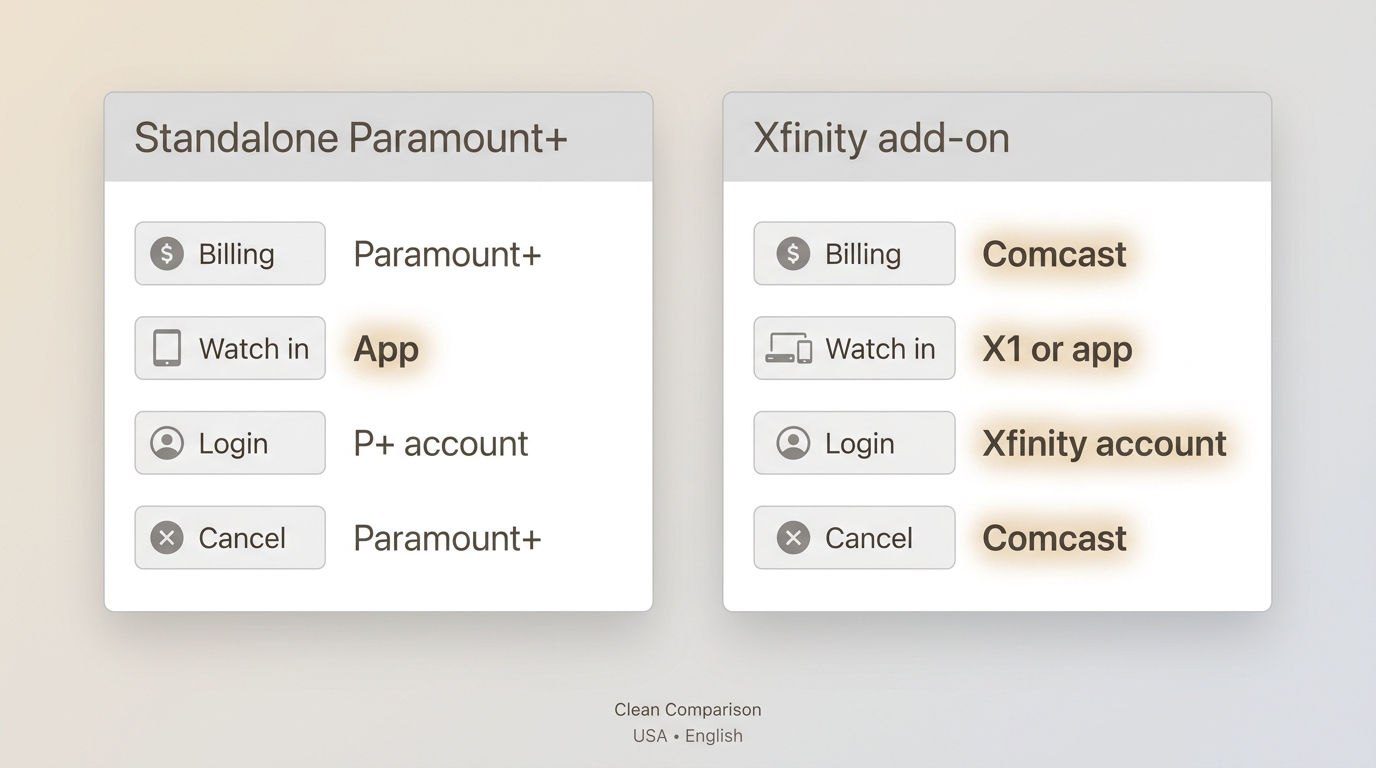 Comparison of standalone Paramount+ subscription and Xfinity Paramount+ with SHOWTIME add-on