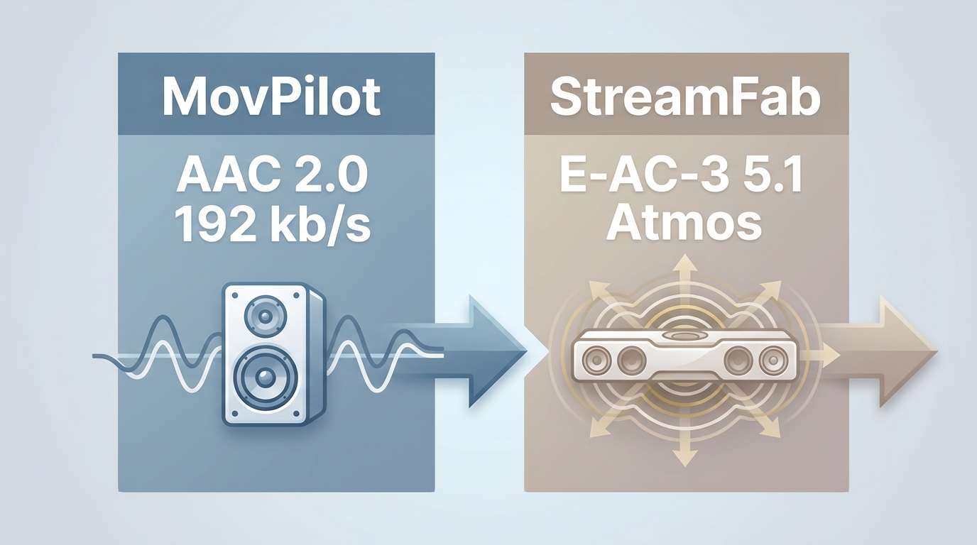 Audio output comparison between MovPilot AAC stereo and StreamFab E-AC-3 5.1 with Atmos marker.