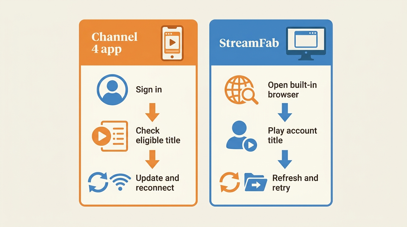 Channel 4 and StreamFab troubleshooting steps for missing downloads and playback problems