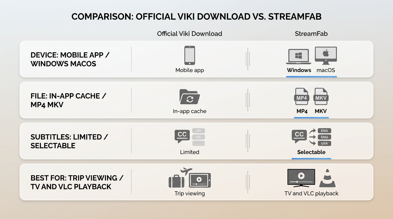 Comparison of Viki official download and StreamFab by device, file format, and subtitles