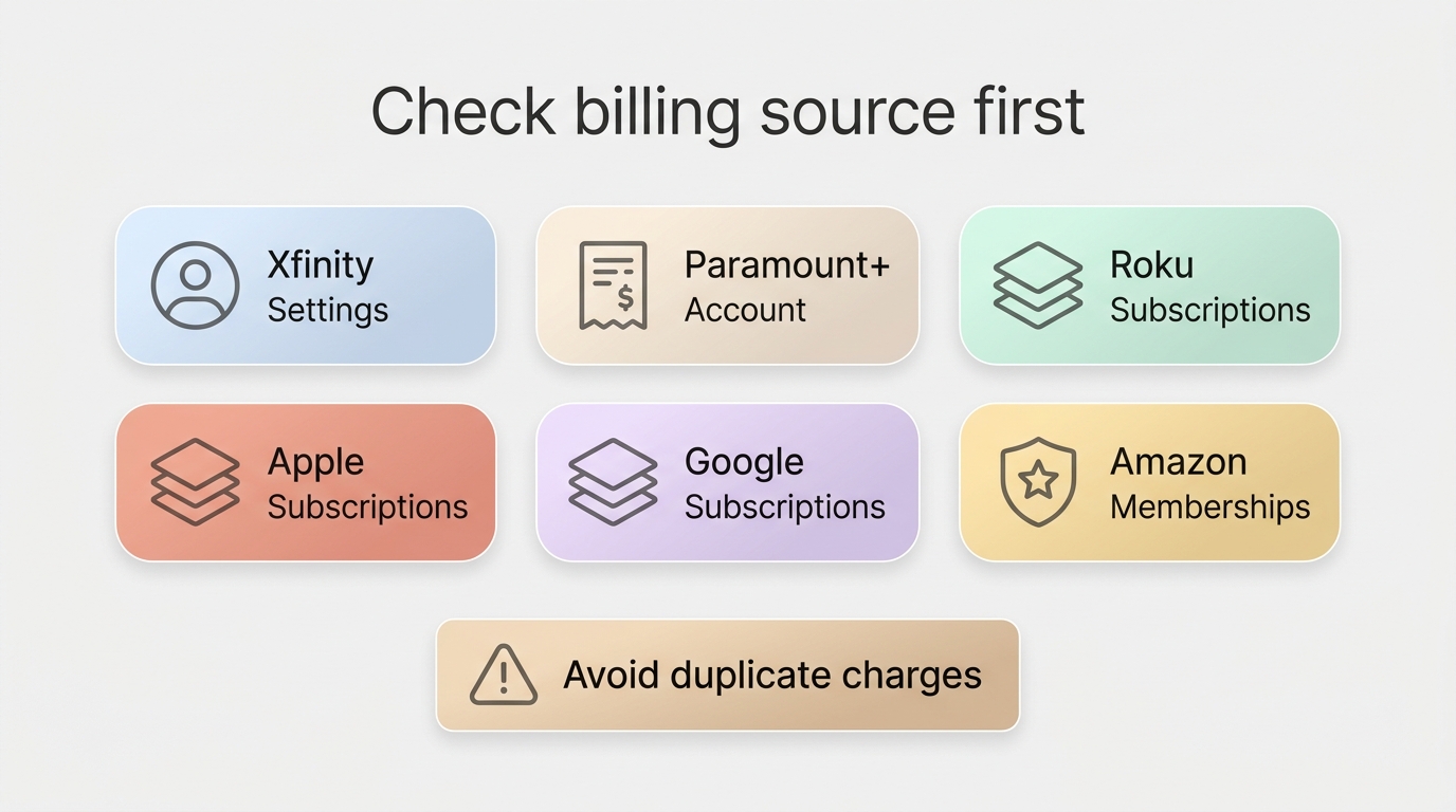 Billing check paths for Paramount+ through Xfinity, Paramount+, Roku, Apple, Google, and Amazon