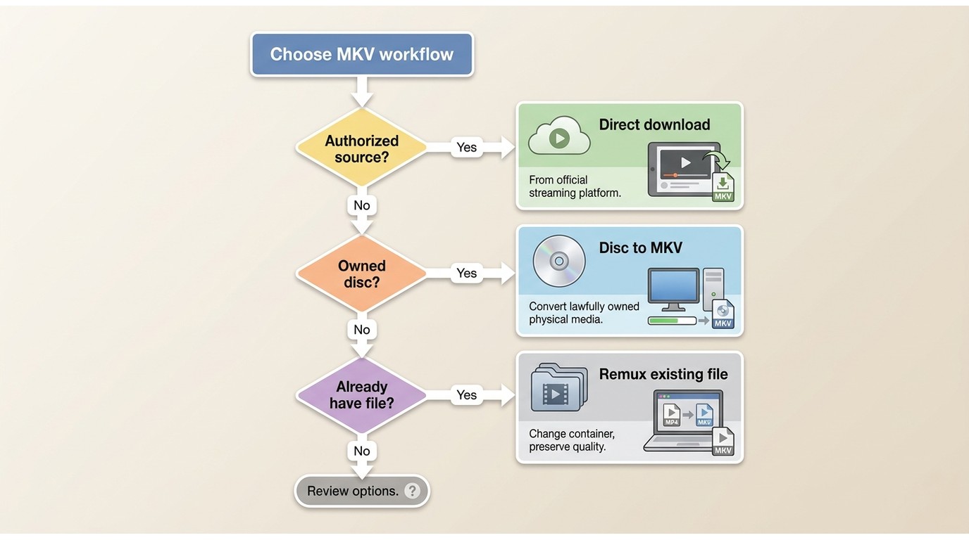 Decision flow for choosing direct download, disc ripping, or remuxing to create an MKV file
