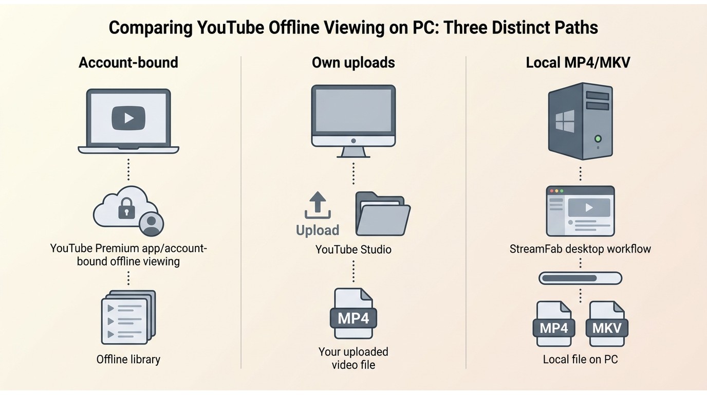 Comparison of YouTube Premium, YouTube Studio, and StreamFab outcomes on PC